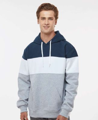 J America 8644 Varsity Fleece Colorblocked Hooded  Navy/ Oxford