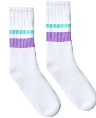 Socco Socks SC100 USA-Made Striped Crew Socks in Mint/ lilac thin & thick stripe