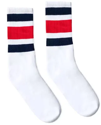 Socco Socks SC100 USA-Made Striped Crew Socks in White/ navy/ red