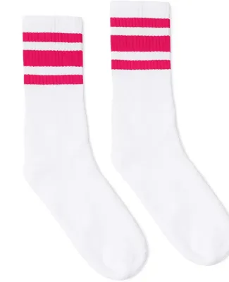 Socco Socks SC100 USA-Made Striped Crew Socks in White/ fuchsia