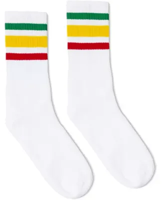 Socco Socks SC100 USA-Made Striped Crew Socks in White/ rasta