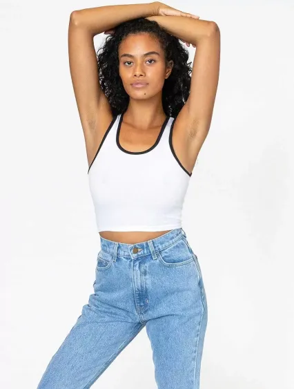 Los Angeles Apparel 21308 2x1 Rib Crop Tank in White/black