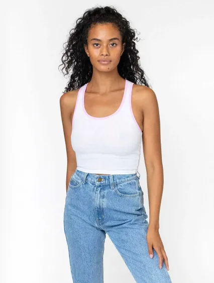 Los Angeles Apparel 21308 2x1 Rib Crop Tank in White/baby pink
