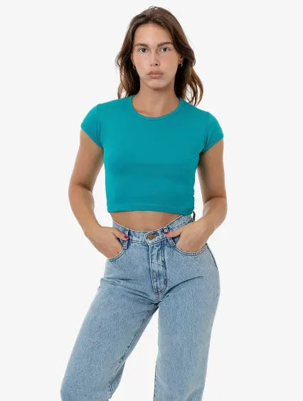 Los Angeles Apparel 43035 Cap Sleeve Baby Rib Crop in Teal