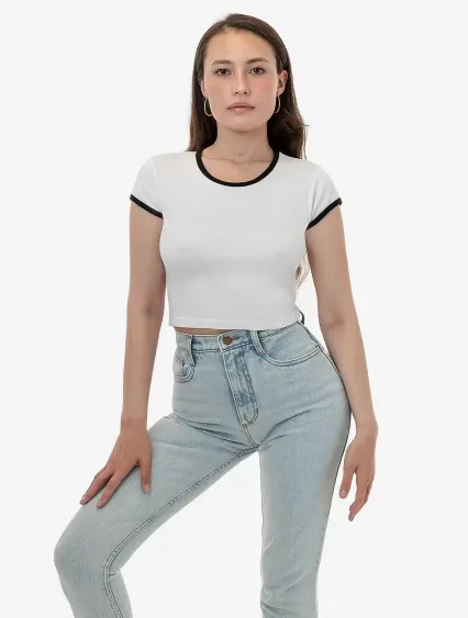 Los Angeles Apparel 43035 Cap Sleeve Baby Rib Crop in White/black