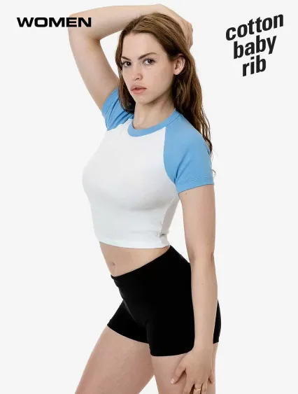 Los Angeles Apparel 43077 Baby Rib Short Sleeve Ra in White/baby blue