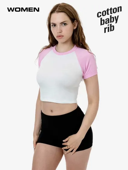 Los Angeles Apparel 43077 Baby Rib Short Sleeve Ra in White/baby pink