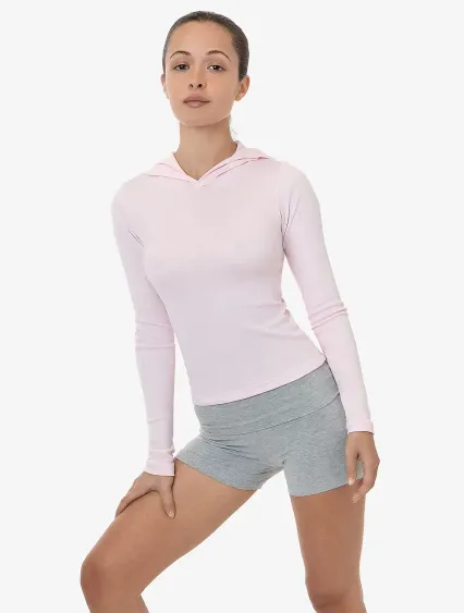 Los Angeles Apparel 43098 Baby Rib Long Sleeve Hoo in Light pink