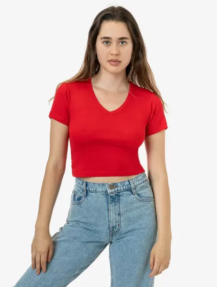 Los Angeles Apparel 4356 Baby Rib Short Sleeve V-N in Red