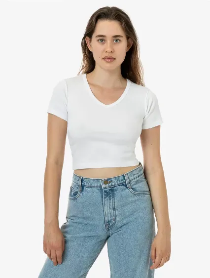Los Angeles Apparel 4356 Baby Rib Short Sleeve V-N in White