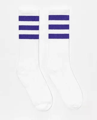 Los Angeles Apparel CALFSOCK Unisex 3-Stripe Calf  in White/purple