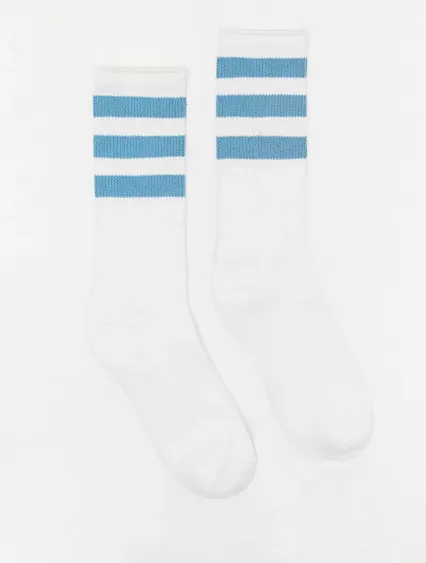 Los Angeles Apparel CALFSOCK Unisex 3-Stripe Calf  in White/sky blue