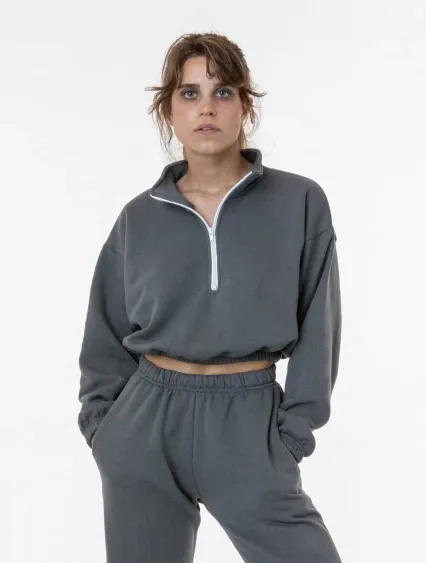 Los Angeles Apparel F396 Flex Fleece Crop Half Zip in Asphalt