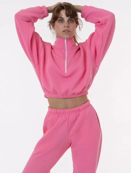 Los Angeles Apparel F396 Flex Fleece Crop Half Zip in Bubble gum