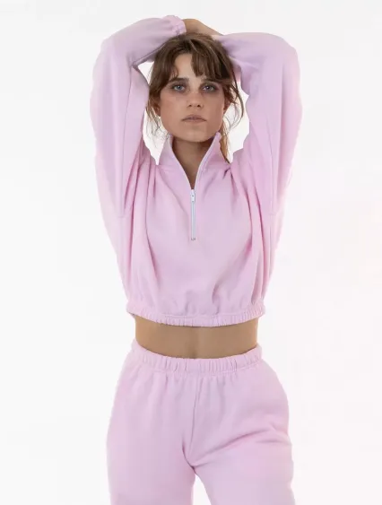 Los Angeles Apparel F396 Flex Fleece Crop Half Zip in Light pink