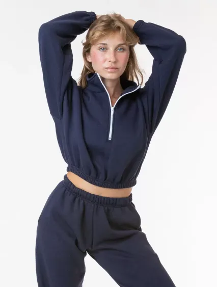 Los Angeles Apparel F396 Flex Fleece Crop Half Zip in Navy