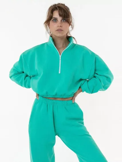 Los Angeles Apparel F396 Flex Fleece Crop Half Zip in Pool green
