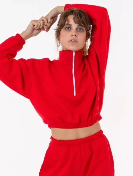 Los Angeles Apparel F396 Flex Fleece Crop Half Zip in Red