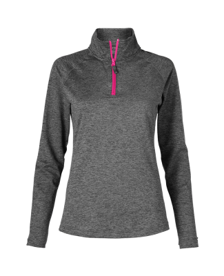 Soffe 2995V Juniors QTR Zip in Grey heather/neon pink j91