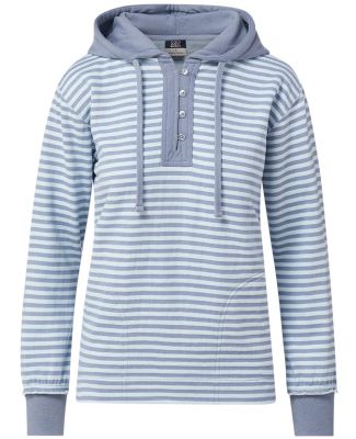 MV Sport W24128 Women's Alina Henley Hooded Sweats in Stonewash/ arctic blue stripe