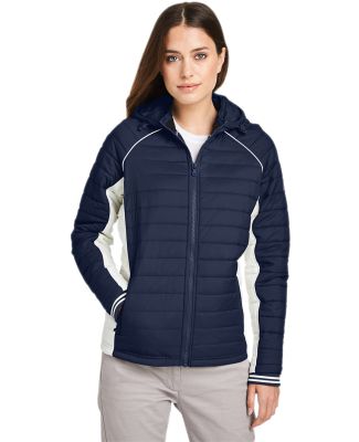 Nautica N17187 Women's l Mile Hooded Puffer Jacket in Navy/ antique white