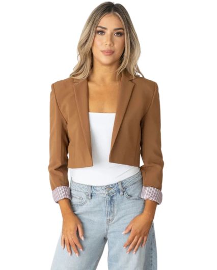 Stilo Apparel FS27396BS GEBERDINE CROP BLAZER in Brown sugar