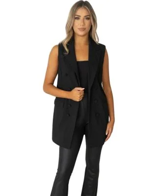Stilo Apparel FS27277 KNIT CREPE LONG DOUBLE BREAS in Black