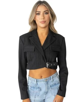 Stilo Apparel FS30368 Cropped Blazer with Leather  in Black