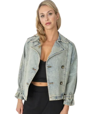 Stilo Apparel FS29335 Cropped Denim Trench Blue in Bleach