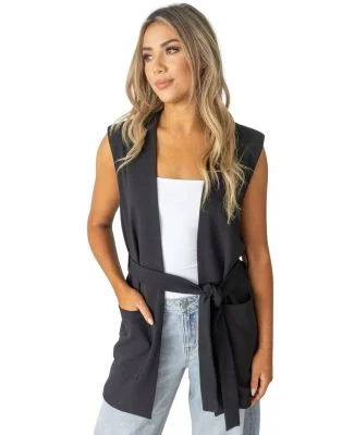 Stilo Apparel FS27232 KNIT CREPE LONG VEST W/ WRAP in Black