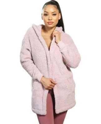 Stilo Apparel FS23937 Fuzzy Fleece Teddy 2 Ply Long Hooded Cardigan Duster
