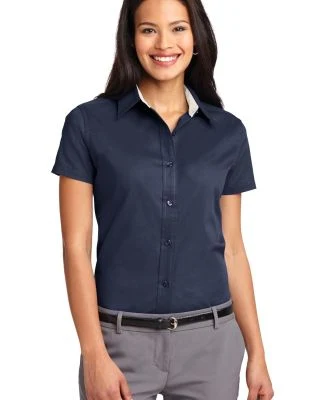 Port Authority Ladies Short Sleeve Easy Care Shirt in Navy/lt stone