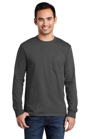 Port & Company Long Sleeve Essential T Shirt with  in Charcoal