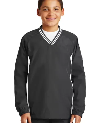 Sport Tek Youth Tipped V Neck Raglan Wind Shirt YS in Graphite gy/wh