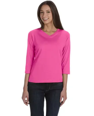 3577 LA T Ladies' V-Neck 3/4-Sleeve T-Shirt in Raspberry
