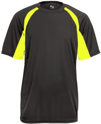 4144 Badger Adult B-Core Short-Sleeve Two-Tone Hoo in Graphite/ safety yellow