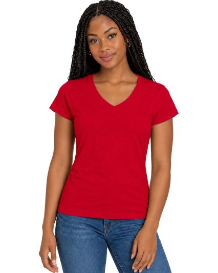 64V00L Gildan Junior Fit Softstyle V Neck T Shirts in Cherry red