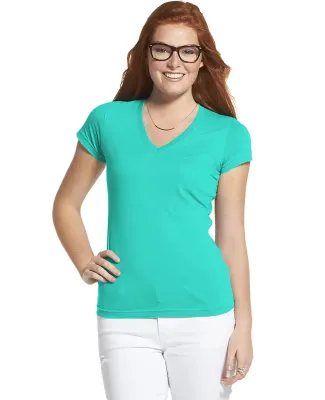 L3607 LA T Juniors' Fine Jersey V-Neck Longer Leng in Caribbean