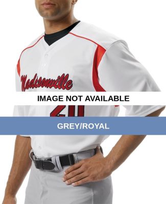 N4146 A4 Adult Full-Button Short Sleeve Knit Jerse Grey/Royal