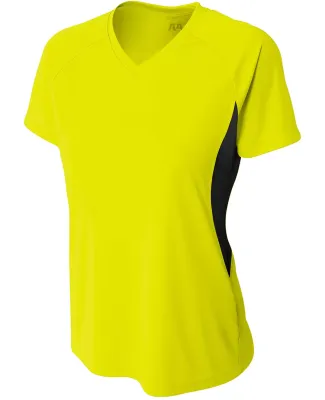 NW3223 A4 Women's Color Blocked Performance V-Neck SFTY YELLOW/ BLK