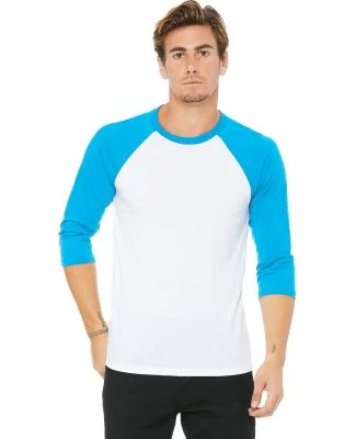 BELLA+CANVAS 3200 Unisex Baseball Tee WHITE/ NEON BLUE