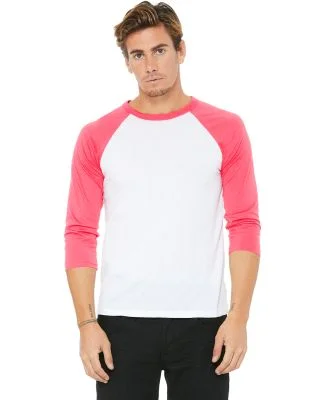 BELLA+CANVAS 3200 Unisex Baseball Tee WHITE/ NEON PINK