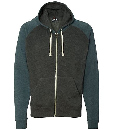 8874 J. America - Triblend Raglan Full-Zip Hooded Sweatshirt Black/ Navy Triblend front view