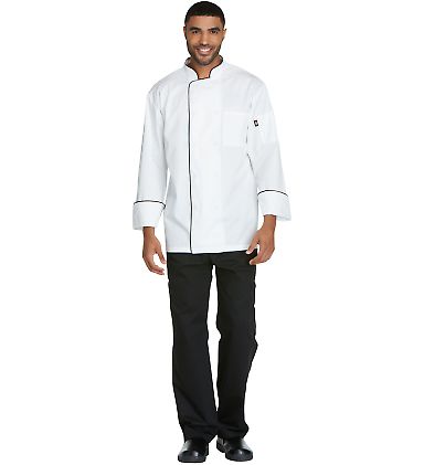 Dickies DC411 Unisex Cool Breeze Chef Coat with Piping WHITE/ BLACK front view