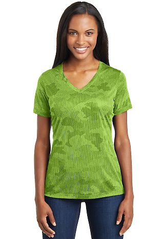 LST370 Sport-Tek® Ladies CamoHex V-Neck Tee Lime Shock front view