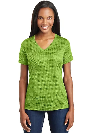 LST370 Sport-Tek® Ladies CamoHex V-Neck Tee in Lime shock front view