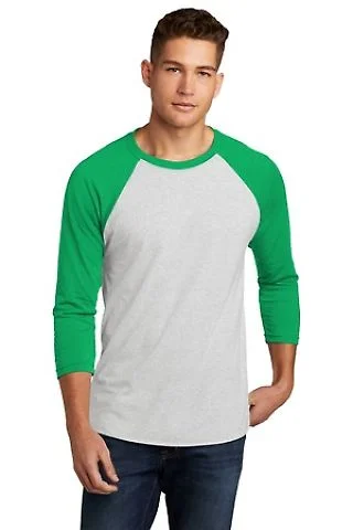 Next Level 6051 Unisex Tri-Blend 3/4 Sleeve Raglan in Envy sleeves/ heather white body front view