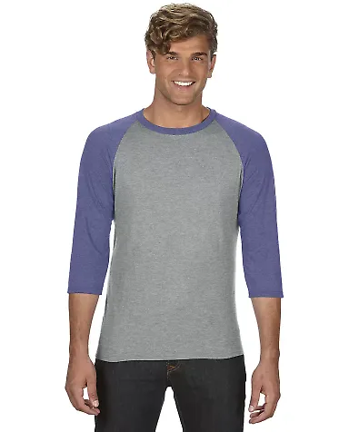 A6755 Anvil Adult Tri-Blend 3/4-Sleeve Raglan Tee  in Hth gr/ tr hblue front view