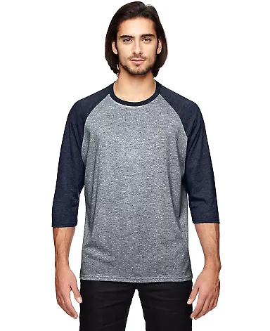 A6755 Anvil Adult Tri-Blend 3/4-Sleeve Raglan Tee  in Hth gry/ hth nvy front view