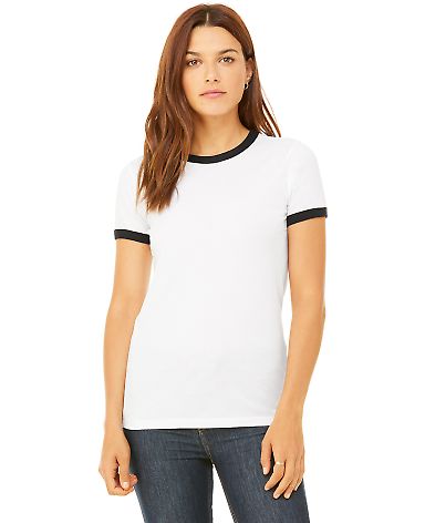 BELLA 6050 Womens Vintage Heather Ringer Tee WHITE/ BLACK front view